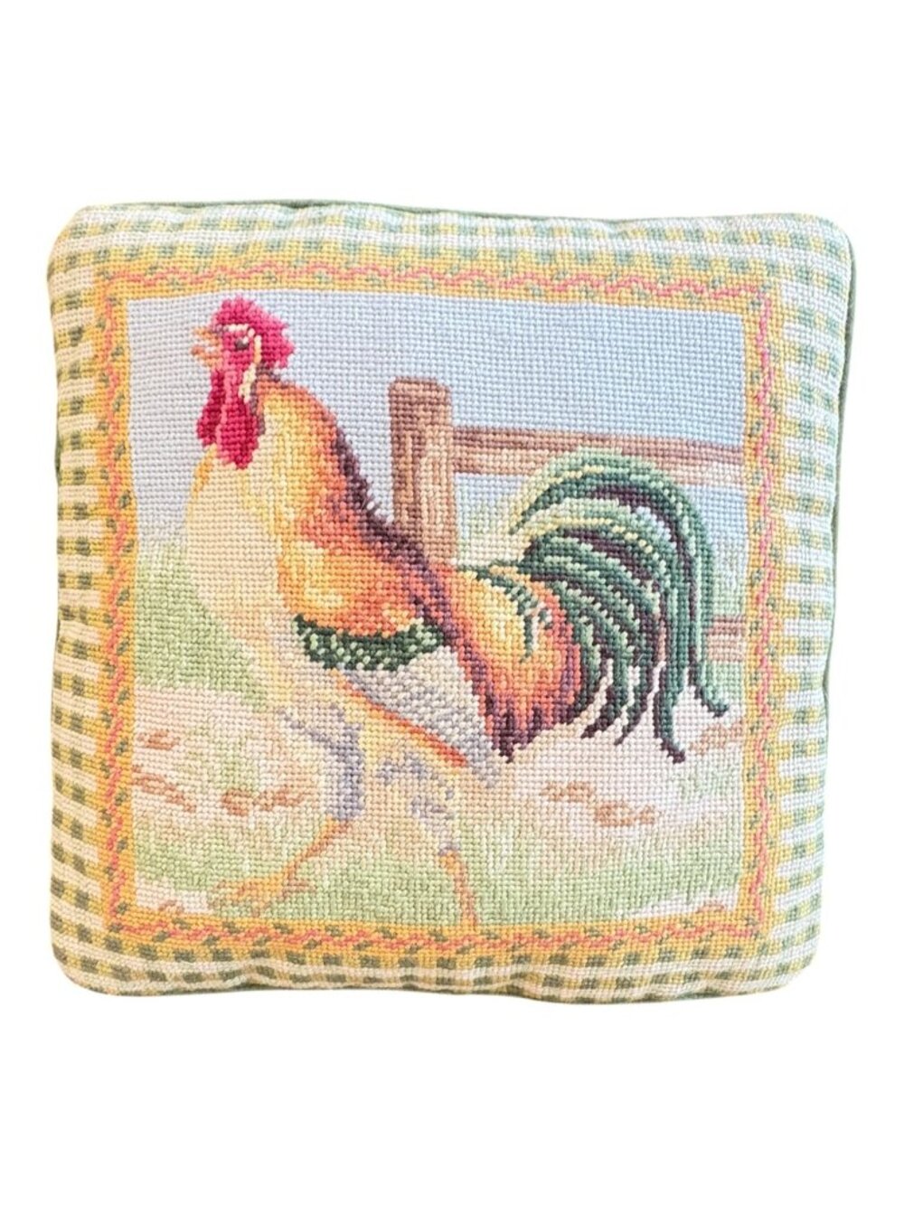 Vintage French Country Wool Needlepoint Rooster Pillow Cover With Velvet Back